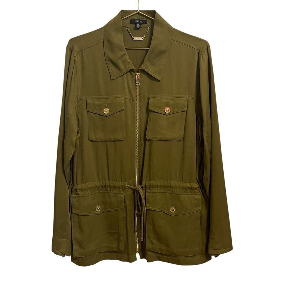 IMNYC Isaac Mizrahi Olive Green Drawstring Utility Full Zip Jacket Size Large